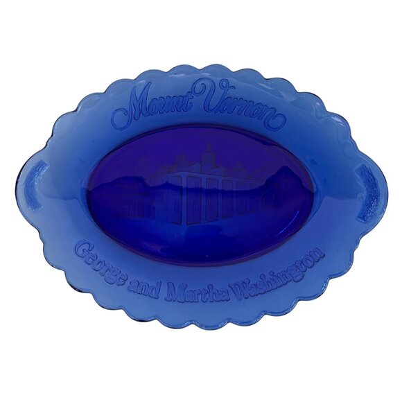 VTG Avon Blue Glass Mount Vernon George & Martha Washington Oval Plate 7400 - Picture 2 of 8